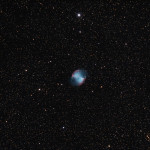 The Dumbbell Nebula imaged from Roberts Creek on Sept. 11th 2015 with a Megrez 120mm, Canon 60Da, 160 mins total exposures at 1600 ISO. The Dumbbell Nebula (M27) is a planetary nebula in the constellation Vulpecula, at a distance of about 1,360 light years, Magnitude is 7.3. This object was the first planetary nebula to be discovered; by Charles Messier in 1764. The nebula was formed when an evolved, red giant star ejected its outer envelope near the end of its lifetime. The expanding cloud of gas became visible once the hot core of the star, visible near the center, was exposed and the high-energy, ultraviolet light from the core ionized the cloud. This how our Sun will end its days when the nuclear fusion stops in its core. It is about 1000 light-years away. 