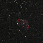 The Crescent Nebula imaged from Roberts Creek on Sept. 9th 2015 with a Megrez 120mm, Canon 60Da, 134 mins total exposures at 4-800 ISO. The Crescent Nebula (NGC6888) is an emission nebula in Cygnus, discovered by Friedrich Wilhelm Herschel in 1792. It is a cosmic bubble about 25 light-years across, Mag 10.0. The nebula is a shell of gas that is being energized by the strong stellar wind from the Wolf-Rayet star (WR 136), the bright star at the center of the nebula. Wolf-Rayet stars are very hot, massive stars that are blowing off their outer layers. The Crescent is about 5,000 light-years away. 