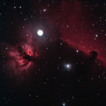 This image of the Horsehead and Flame Nebulae imaged from Roberts Creek on Jan. 14/15th 2016 with a Megrez 120mm, Canon 60Da, 47 mins total exposures at 1600 ISO through an Astronomik UHC filter. This image includes a total of four nebulae at a distance of 1,500 light-years, all related to the large stellar nursery in Orion that includes the Great Nebula M42. The largest nebula in this group is the deep red emission nebula IC 434, appearing as a waterfall of ionized hydrogen at the right side of the image. An intervening cloud of interstellar dust creates the silhouette of a horse’s head, giving rise to the name of the dark nebula B33. The Flame Nebula, also known as NGC 2024 is at the left, this is another emission nebula, a region of glowing hydrogen gas in the shape of a burning bush. Between the Flame and the Horsehead is the smaller blue reflection nebula NGC 2023, caused by a cloud of fine dust reflecting the light of a central star. The brilliant blue star in the upper part of the image is the second magnitude star Alnitak, better known as the left-side star in the belt of Orion, the Hunter.